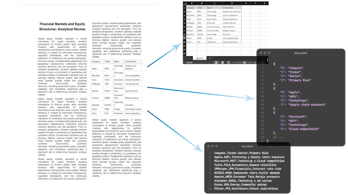Conversion from PDF zu Excel, CSV and JSON